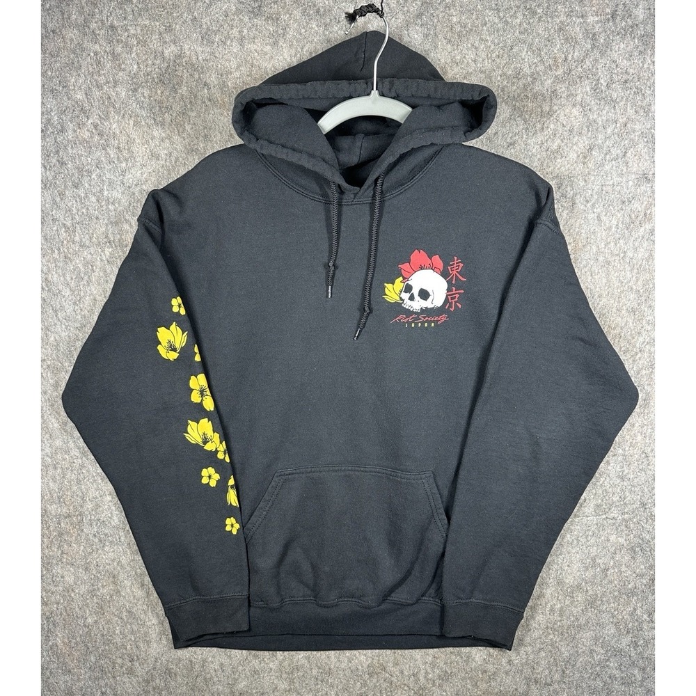 Riot Society Hoodie Mens L Black Tokyo Geisha Skull Cherry Blossom Japan
